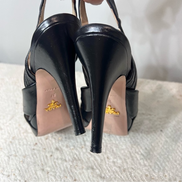 Prada Heels Black Leather Peep Toe Slingback Platform Stiletto High Heels 6.5 - Picture 6 of 8